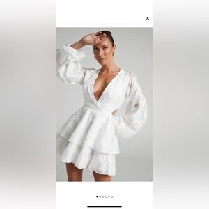 Allea Jacquard V Neck Balloon Sleeve Tiered Mini Dress